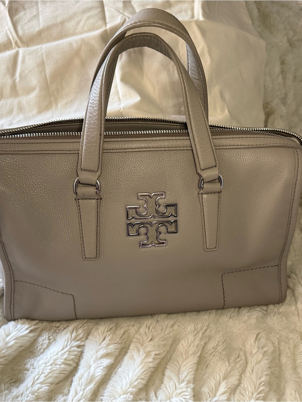Tory Burch Light Taupe Leather Double-Handle Satchel